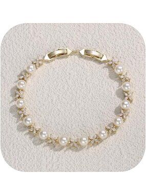 Elegant Simulated Pearl & CZ Wedding Leaf Tennis Bracelet for Brides & Women